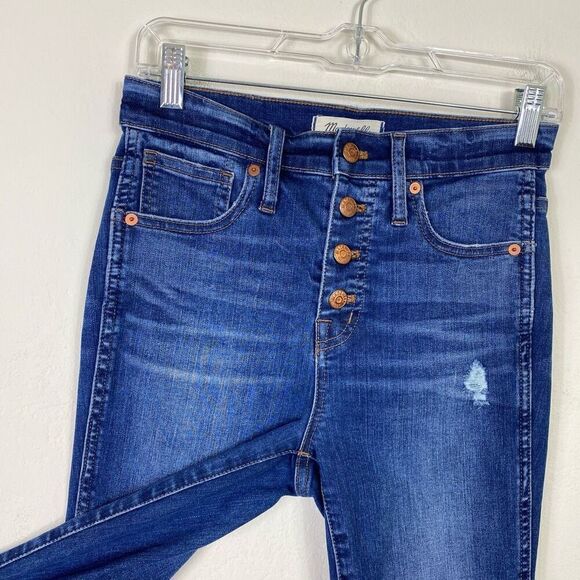 Madewell Dark Wash Distressed Denim Button Fly 10” High-Rise Skinny Jeans Sz 26 - Picture 3 of 9